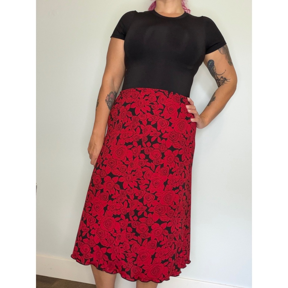 Vintage Y2K Exact Change - Red Rose‎ Slinky Slip Skirt Floral Grunge Size Large